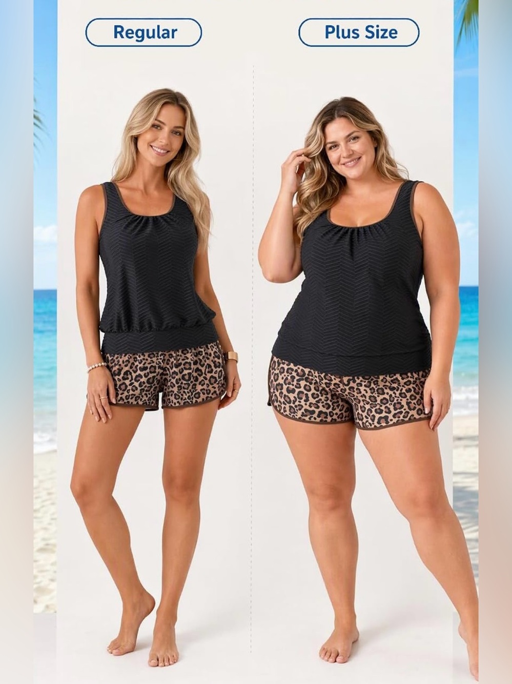 Black Tankini Top with Leopard Swim Shorts - Women Swim